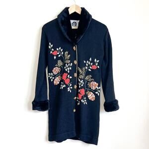 Storybook Knits Holiday Pines Cardi Sweater Size XS Beaded Embroidery Fur Collar